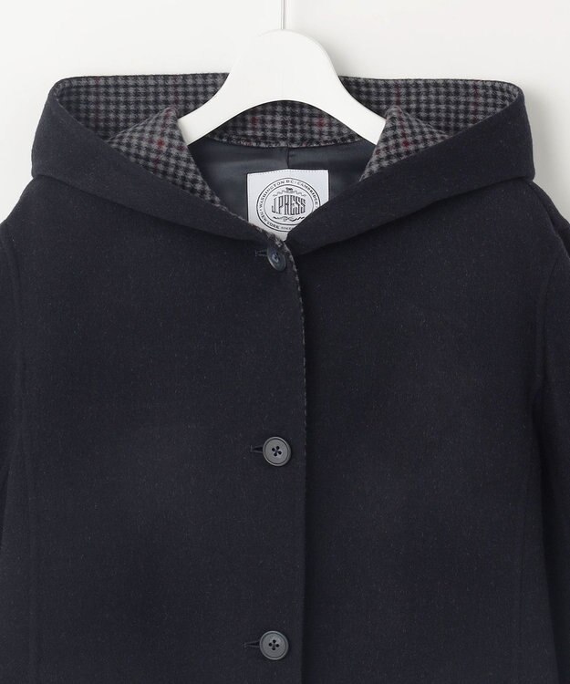 J.PRESS LADIES L ウールナイロンリバーチェック フード付き コート ネイビー×チェック系