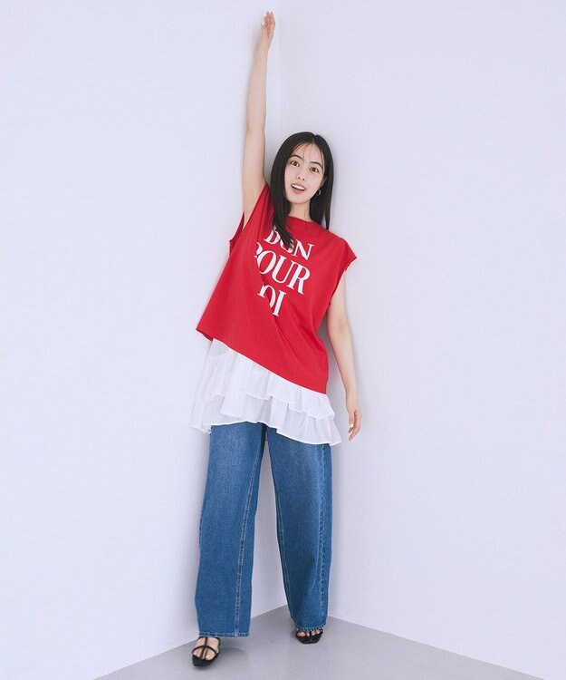earth music&ecology 【綿100％】フレンチスリーブプリントＴシャツ Red