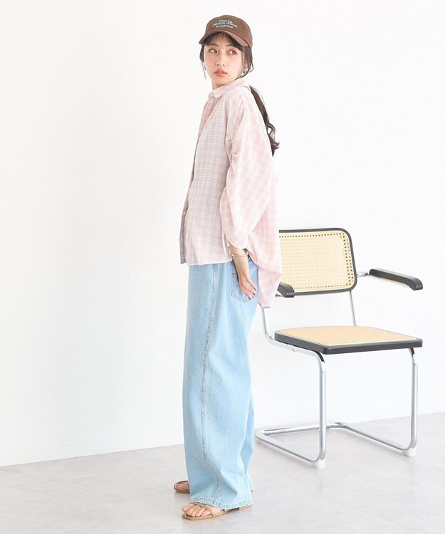 earth music&ecology シャーリングスリーブチェックシャツ Pink