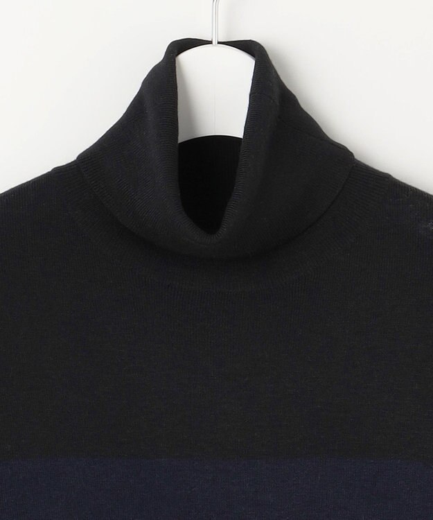 自由区 L 【洗える】シルクウールリブタートルネック ニット ブラック×ネイビー