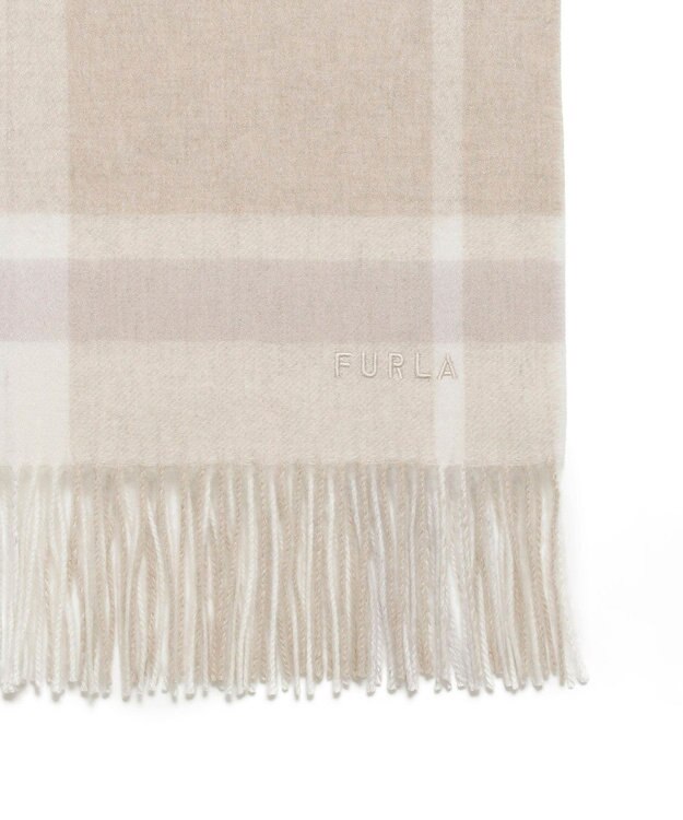 MOONBAT FURLA ウール混 超大判ラメ入りブロックチェックストールマフラー／幅70cm ベージュ
