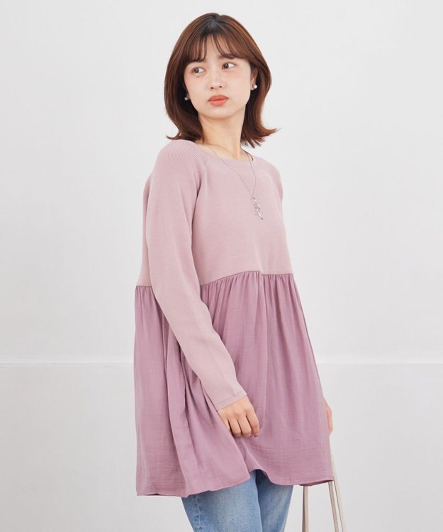 Tiaclasse L ヴィンテージサテンドッキングニットチュニック ピンク