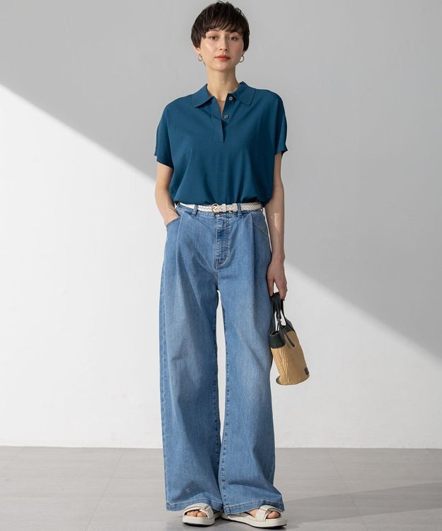 23区 L 【洗える】レーヨンポリエステルストレッチ フレンチスリーブ ポロニット ダークブルー系