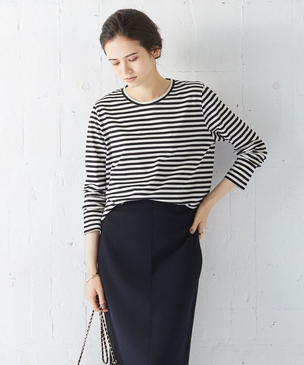 ICB 【洗える】シンプルジャージー ロングスリーブTシャツ ブラックボーダー系