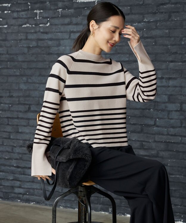 自由区 【スタイリストコラボ・洗える】ウールミラノボーダー ニット ベージュ×ブラック