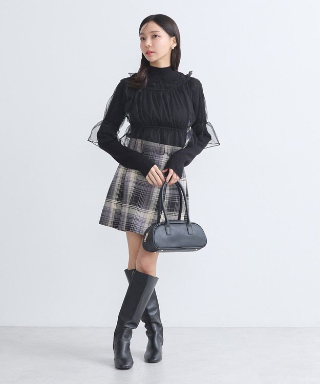 earth music&ecology ＳＥＴ２点リブニットインナー＋チュールプルオーバー Black