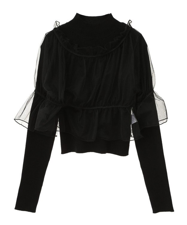 earth music&ecology ＳＥＴ２点リブニットインナー＋チュールプルオーバー Black