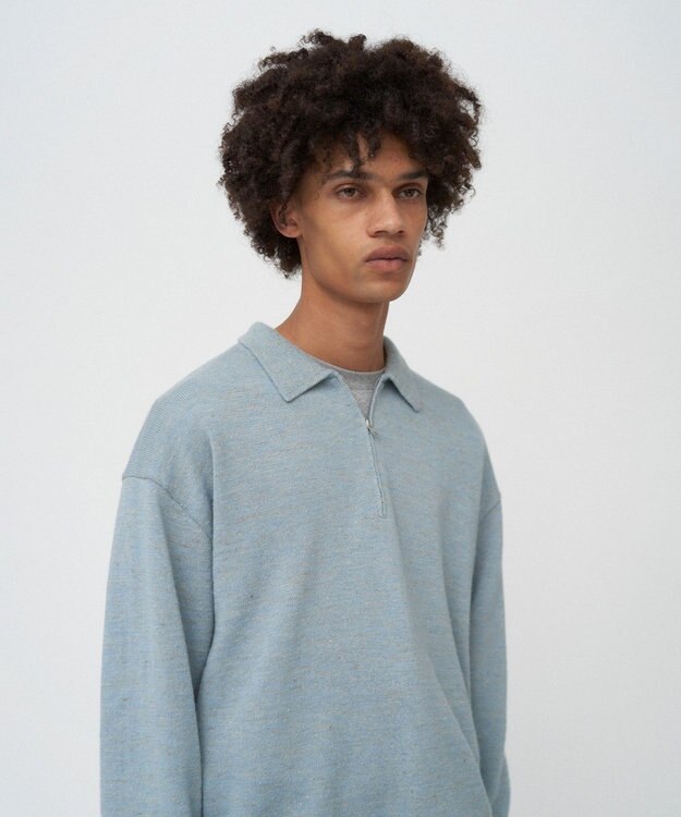 ATON BABY ALPACA LINEN | ジップアップポロセーター - UNISEX SAX