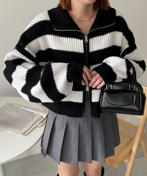 WEGO ダブルジップショートニットブルゾン ブラックボーダー