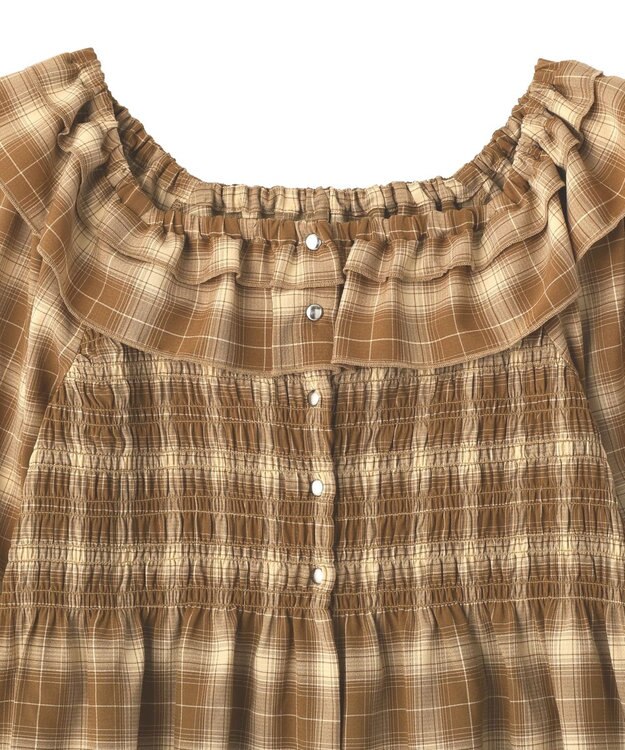 earth music&ecology 【予約】チェックシャーリングブラウス キャメル