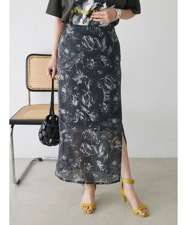 Green Parks モノトーンフラワータイトスカート Black