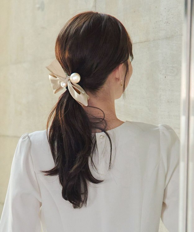 Tiaclasse パール×リボンヘアゴム ベージュ