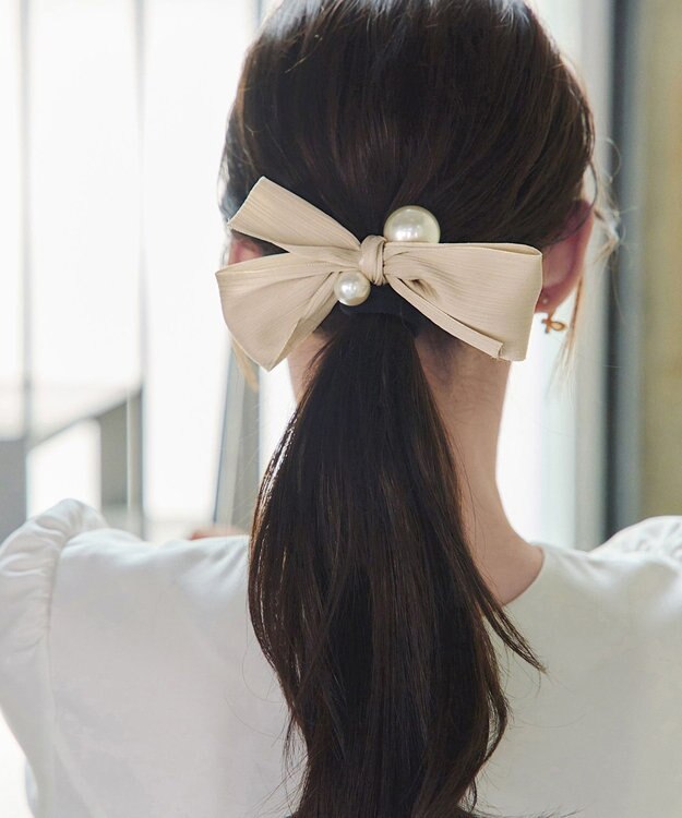 Tiaclasse パール×リボンヘアゴム ベージュ