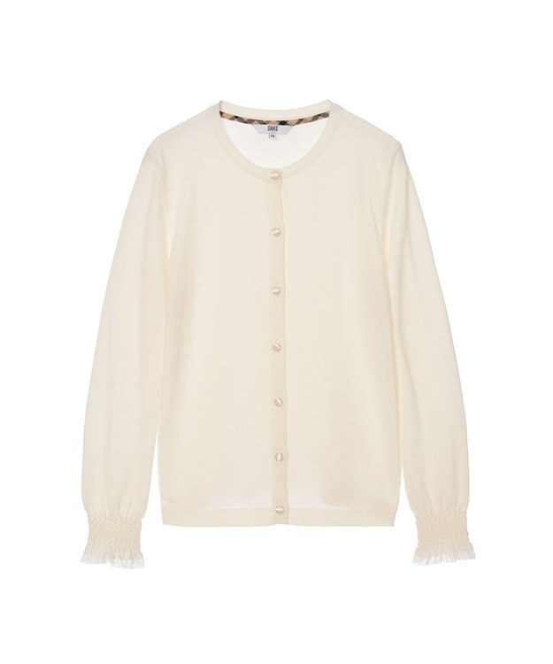 DAKS キュプラ混クルーネックカーディガン ミニフリル袖 オフホワイト
