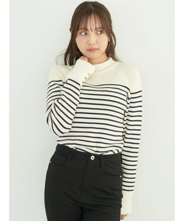 earth music&ecology ゴールド釦スリーブリブプルオーバー Border