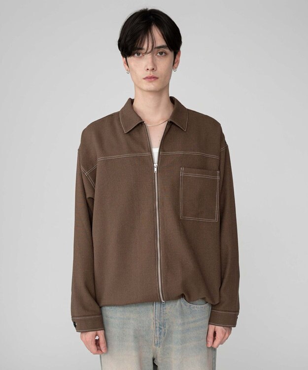 WEGO 【ユニセックス着用ITEM/MLサイズ展開】カラーステッチシャツジャケット ブラウン
