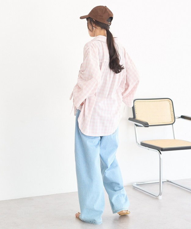 earth music&ecology シャーリングスリーブチェックシャツ Pink