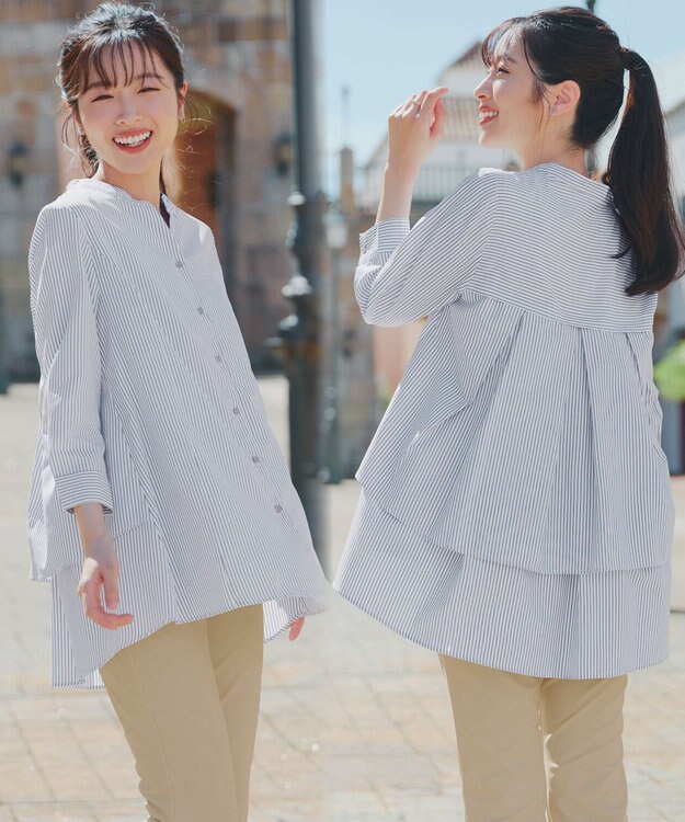 Tiaclasse バックタックフレアチュニック ネイビーストライプ