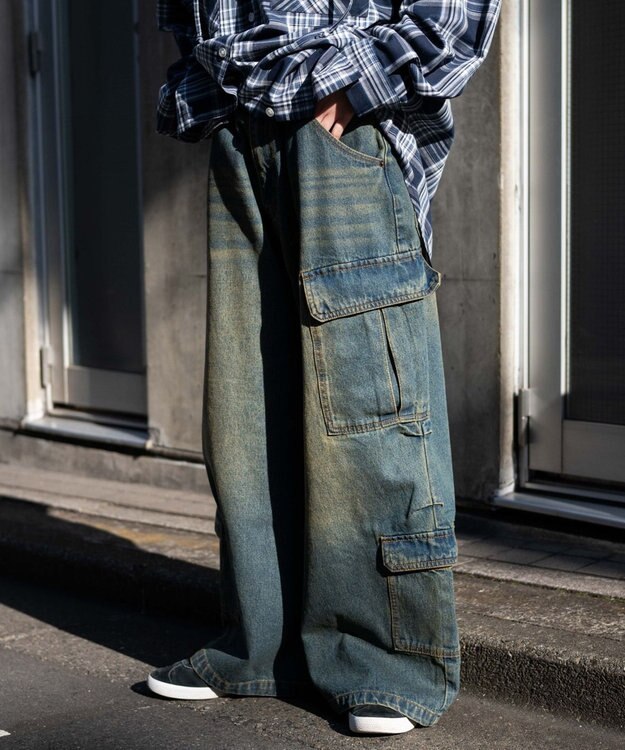 WEGO ヴィンテージウォッシュバギーカーゴパンツ デニム中濃加工色