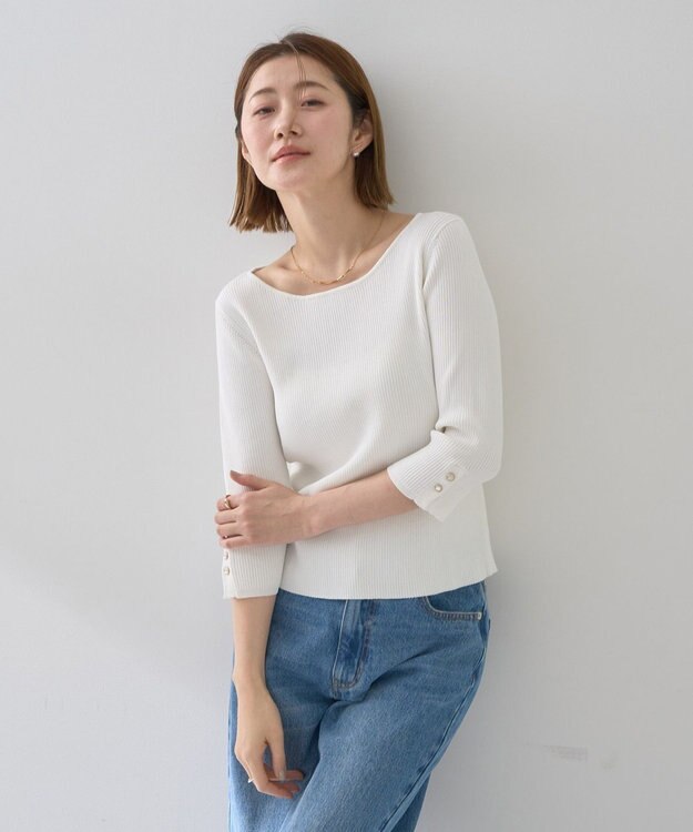 YECCA VECCA 袖釦7分袖リブニット Off White