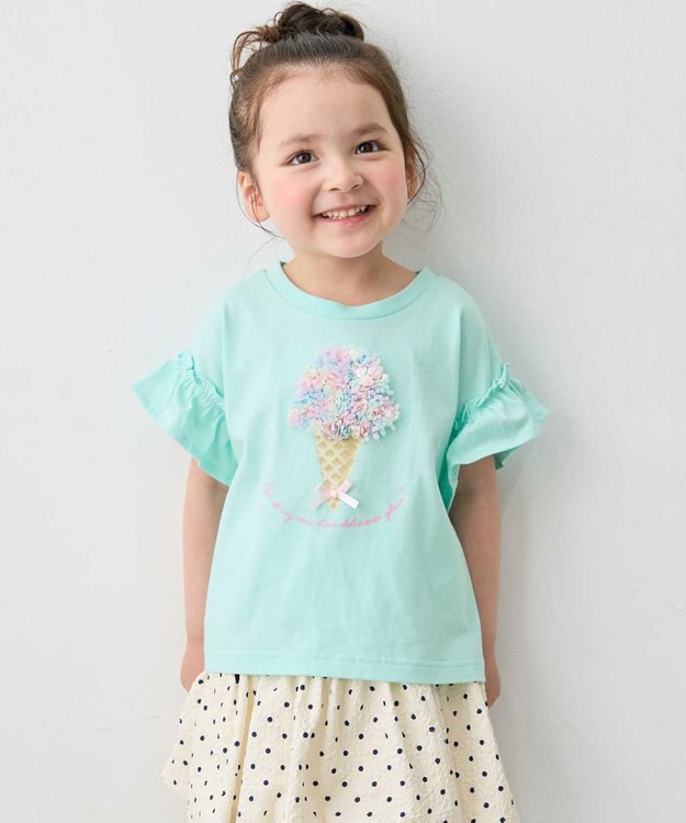 ANY KIDS 【綿100%】ひんやり フリル袖 もしゃもしゃTシャツ ミント×アイス