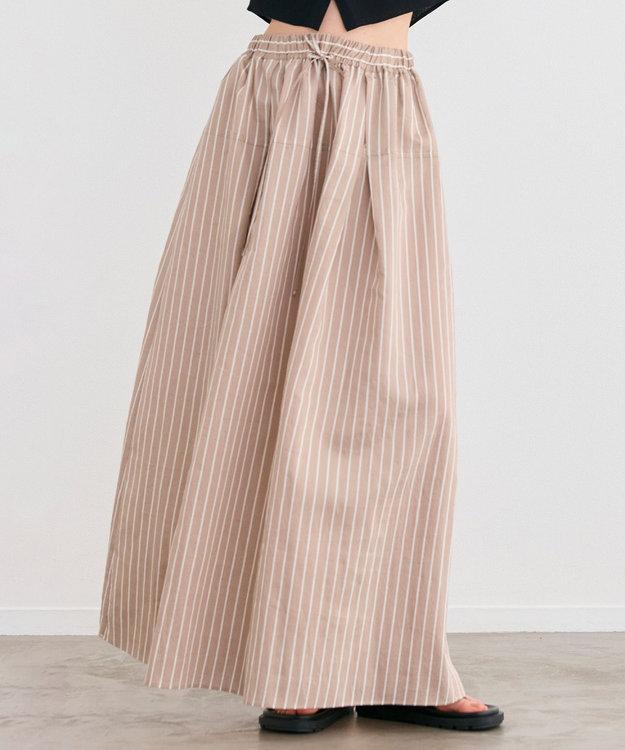 BEIGE， 【洗える】FREESIA / イージーウエストストライプフレアスカート Camel Stripe