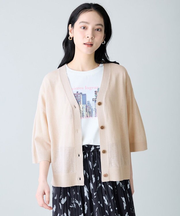 ANY リネンブレンドハーフスリーブカーディガン ベージュ