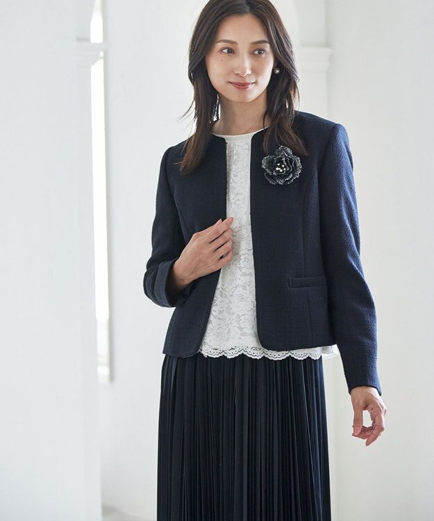 ANY ライトツイード ノーカラージャケット ネイビー