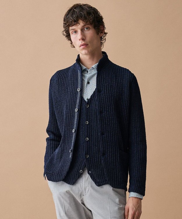 JOSEPH ABBOUD 【エコ素材和紙使用・日本素材】和紙杢メッシュクルーネック ニットジャケット ネイビー系