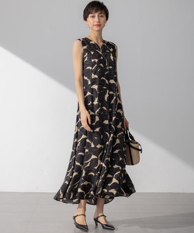 23区 【洗える】Ratti フラワーアートプリント ワンピース ブラックxベージュ