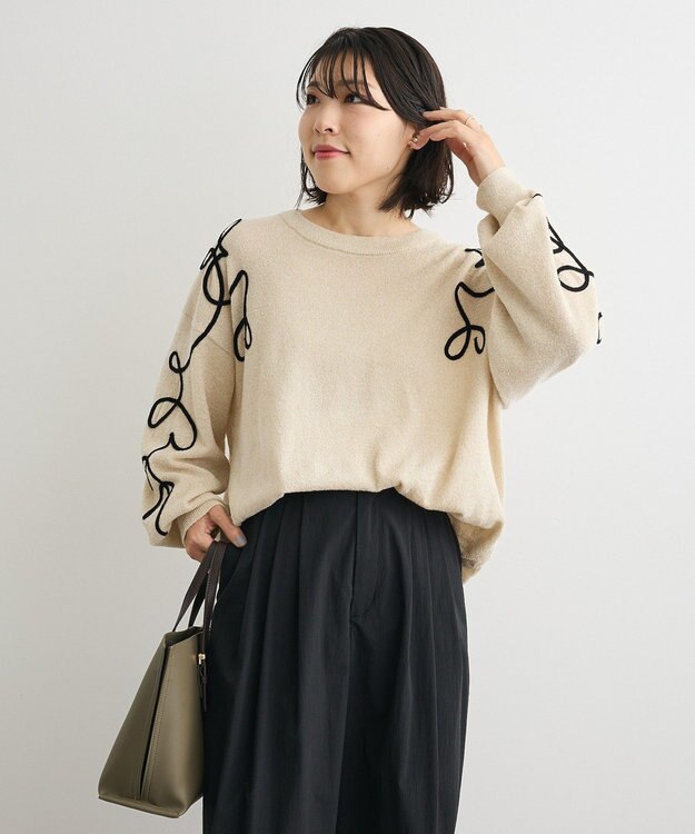 Green Parks 刺繍コードニットプルオーバー Ecru