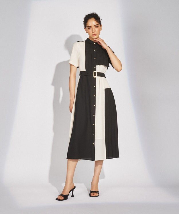 GRACE CONTINENTAL プリーツ配色ワンピース ブラック