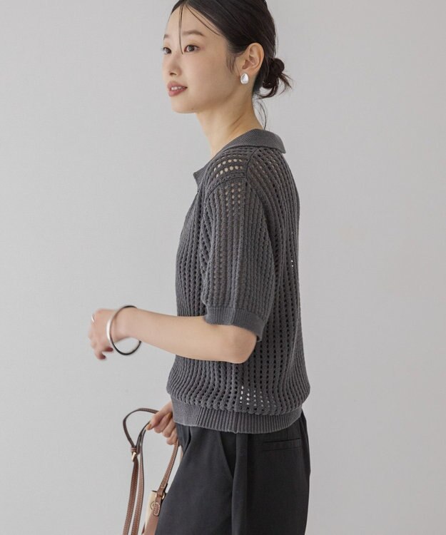AMERICAN HOLIC 衿付きメッシュ編み半袖ニットプルオーバー Charcoal Gray