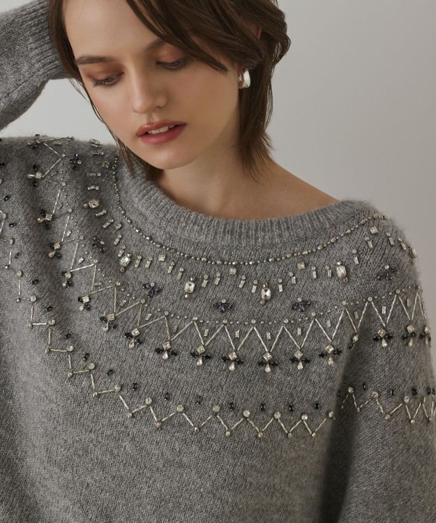 GRACE CONTINENTAL フェアアイル刺繍ニットトップ グレー