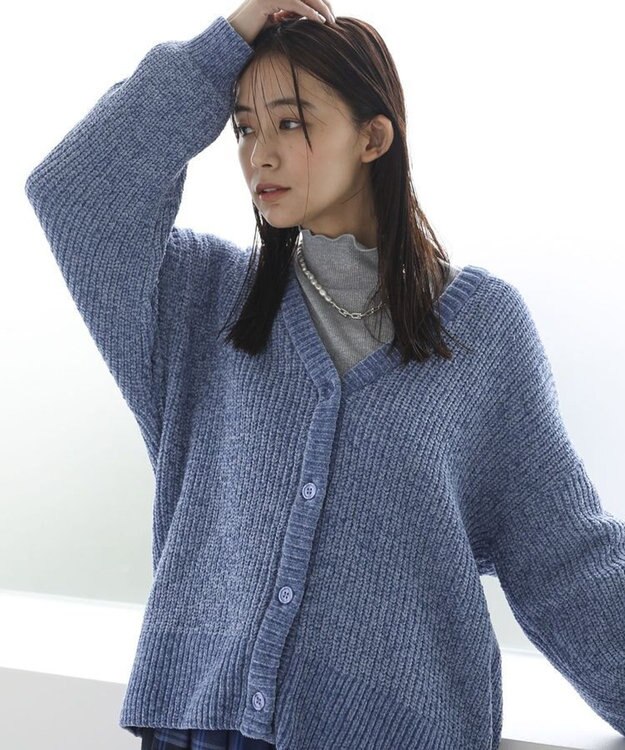 Green Parks ベロアモールＶネックカーディガン Sax