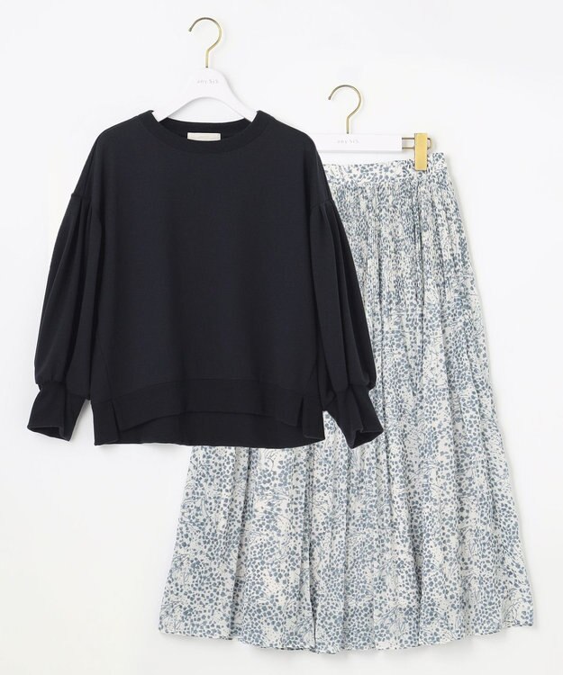 ANY SIS 【2SET】タックスリーブ トップス × フラワープリント スカート ネイビー系