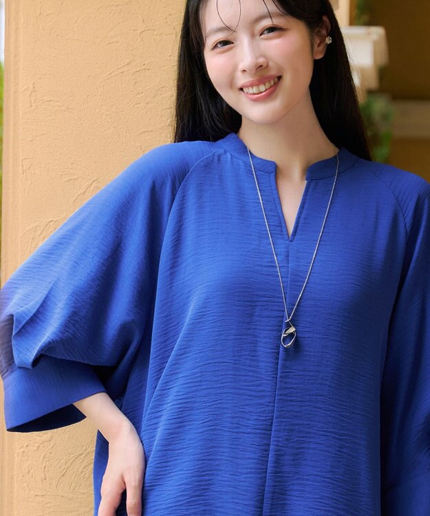 Tiaclasse 麻ライクVネックブラウス ブルー