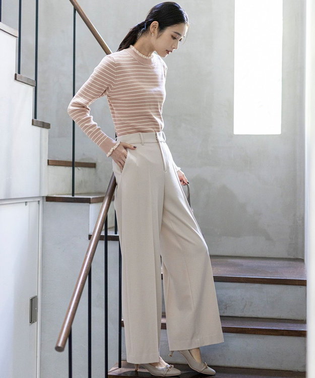 ANY SIS CICA加工 フリルネック プルオーバー ベージュ×アイボリー