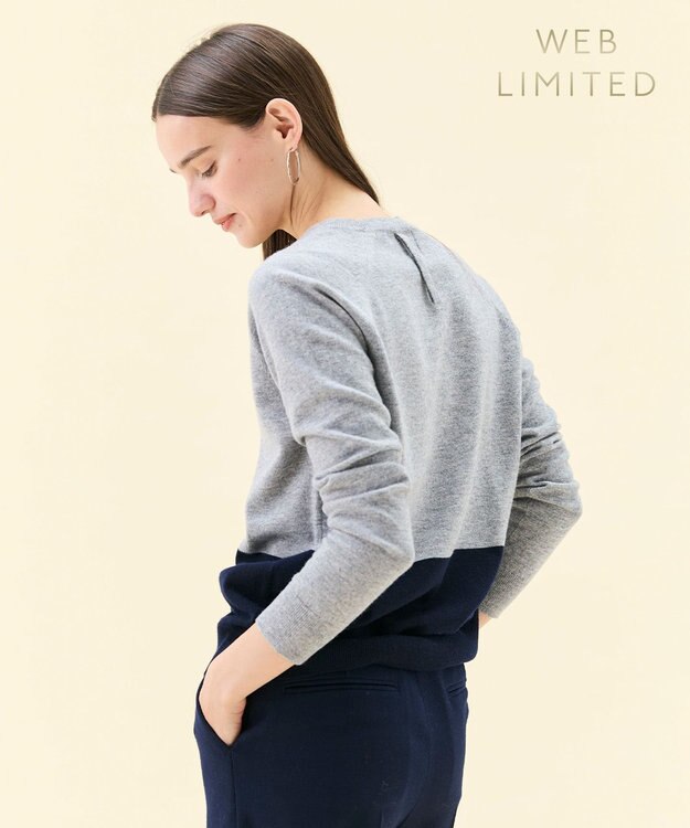 BEIGE， 【WEB限定・洗える】DEMING / バイカラーウールクルーネックニット Lt. Gray × Navy