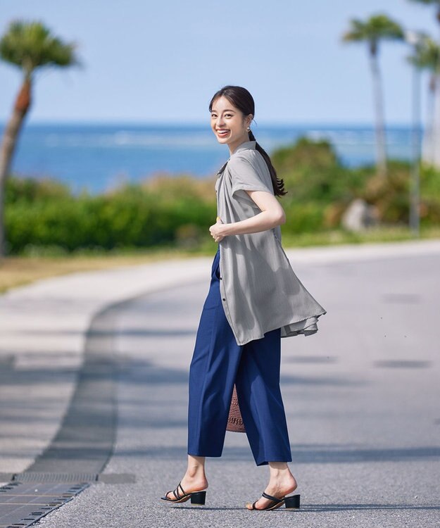 Tiaclasse L 【洗える】フレンチスリーブシャツチュニックブラウス ベージュストライプ