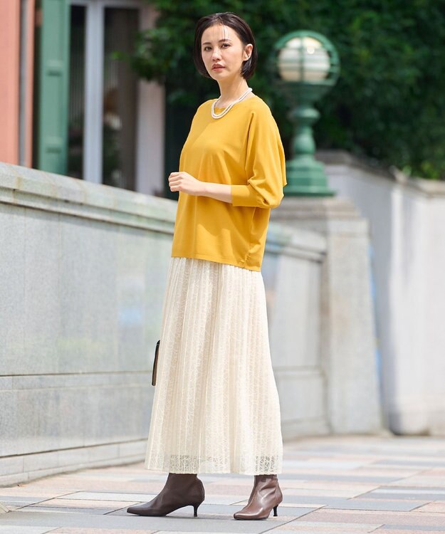 自由区 【洗える】クレープストレッチドルマンスリーブ7分袖 ニット イエロー系