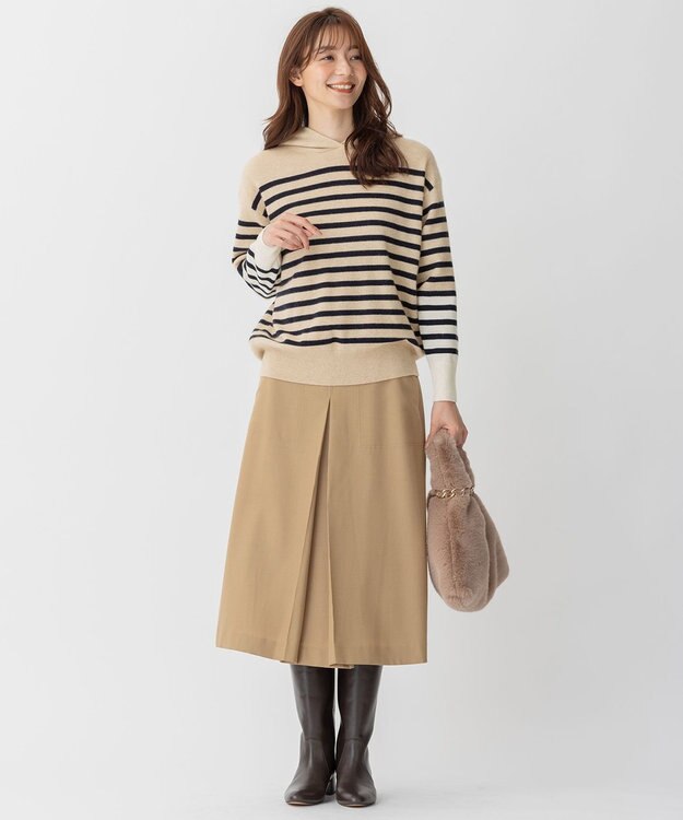 自由区 【洗える】ピュアカシミヤミルド フーディーニット ベージュボーダー