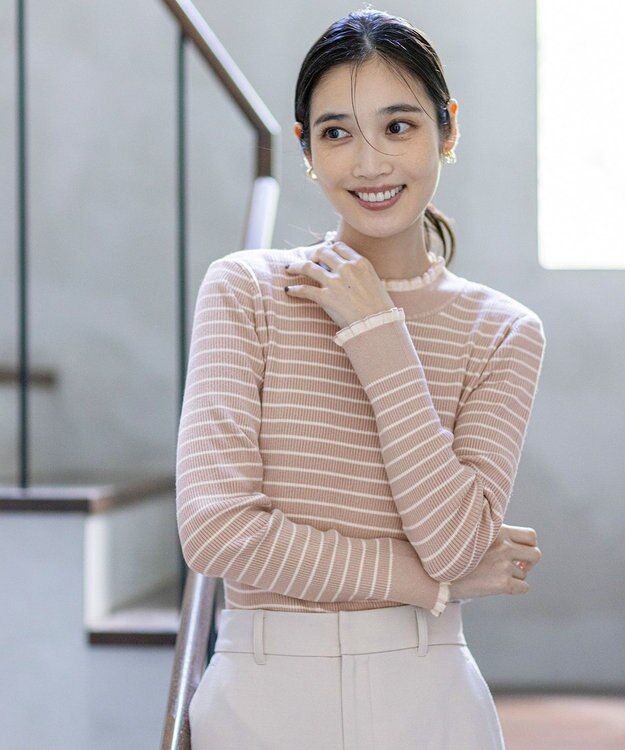 ANY SIS CICA加工 フリルネック プルオーバー ベージュ×アイボリー