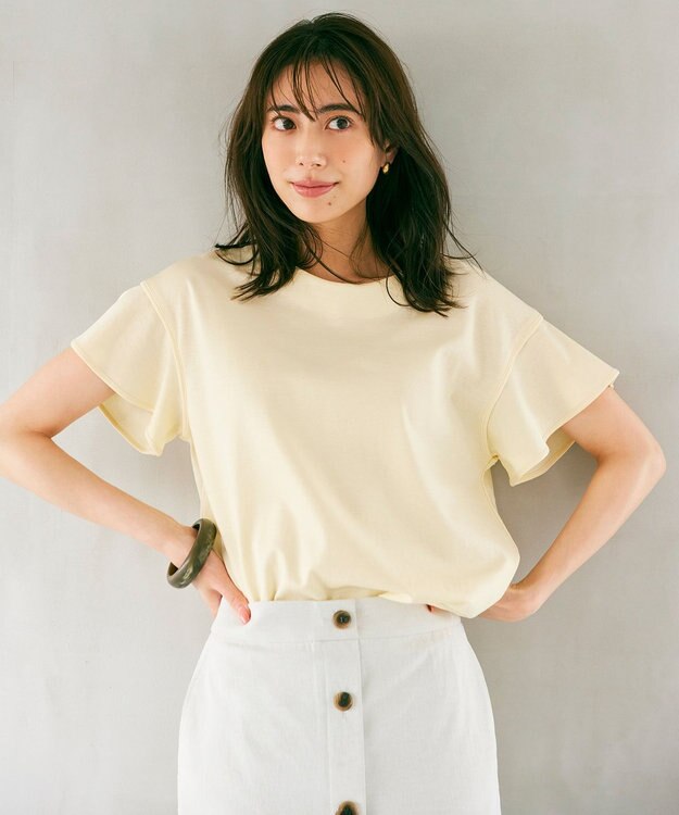 組曲 【洗える】シルケットポンチ フリルスリーブ カットソー イエロー系