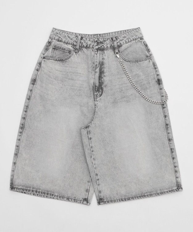 WEGO 【ユニセックス着用ITEM】チェーン付きスーパーバギーデニムショーツ グレー