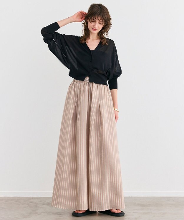 BEIGE， 【洗える】FREESIA / イージーウエストストライプフレアスカート Camel Stripe