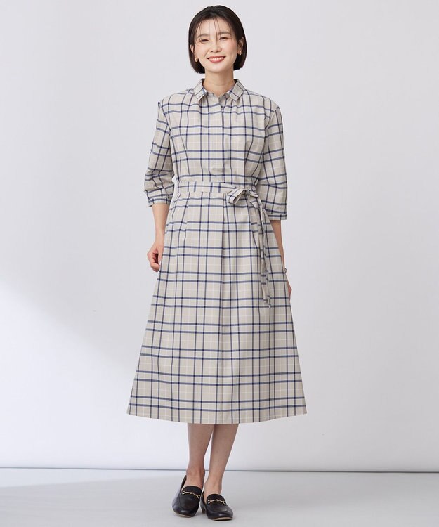 J.PRESS LADIES 【洗える】コンパクトチェック シャツカラー ワンピース ベージュチェック系