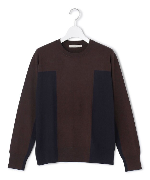 ICB 【洗える】マットヴィスコースポリエステル ブロッキングニット ダークブラウン×ネイビー系