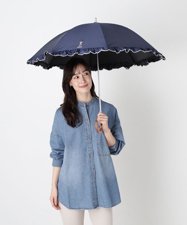 MOONBAT 【WEB限定/遮光率100%/遮熱/UV】POLO RALPH LAUREN（ポロ ラルフローレン）晴雨兼用日傘 ワンポイント ポロベア刺繍 フリル 長傘 ディープブルー