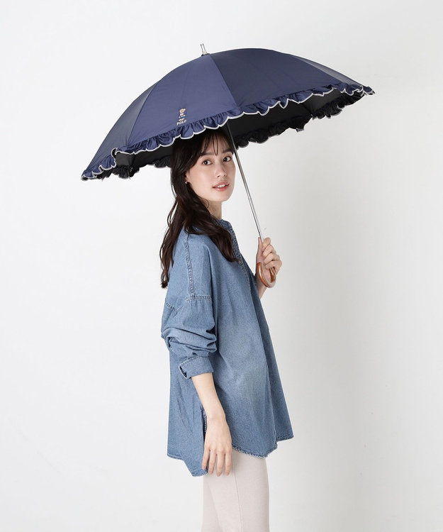 MOONBAT 【WEB限定/遮光率100%/遮熱/UV】POLO RALPH LAUREN（ポロ ラルフローレン）晴雨兼用日傘 ワンポイント ポロベア刺繍 フリル 長傘 ディープブルー